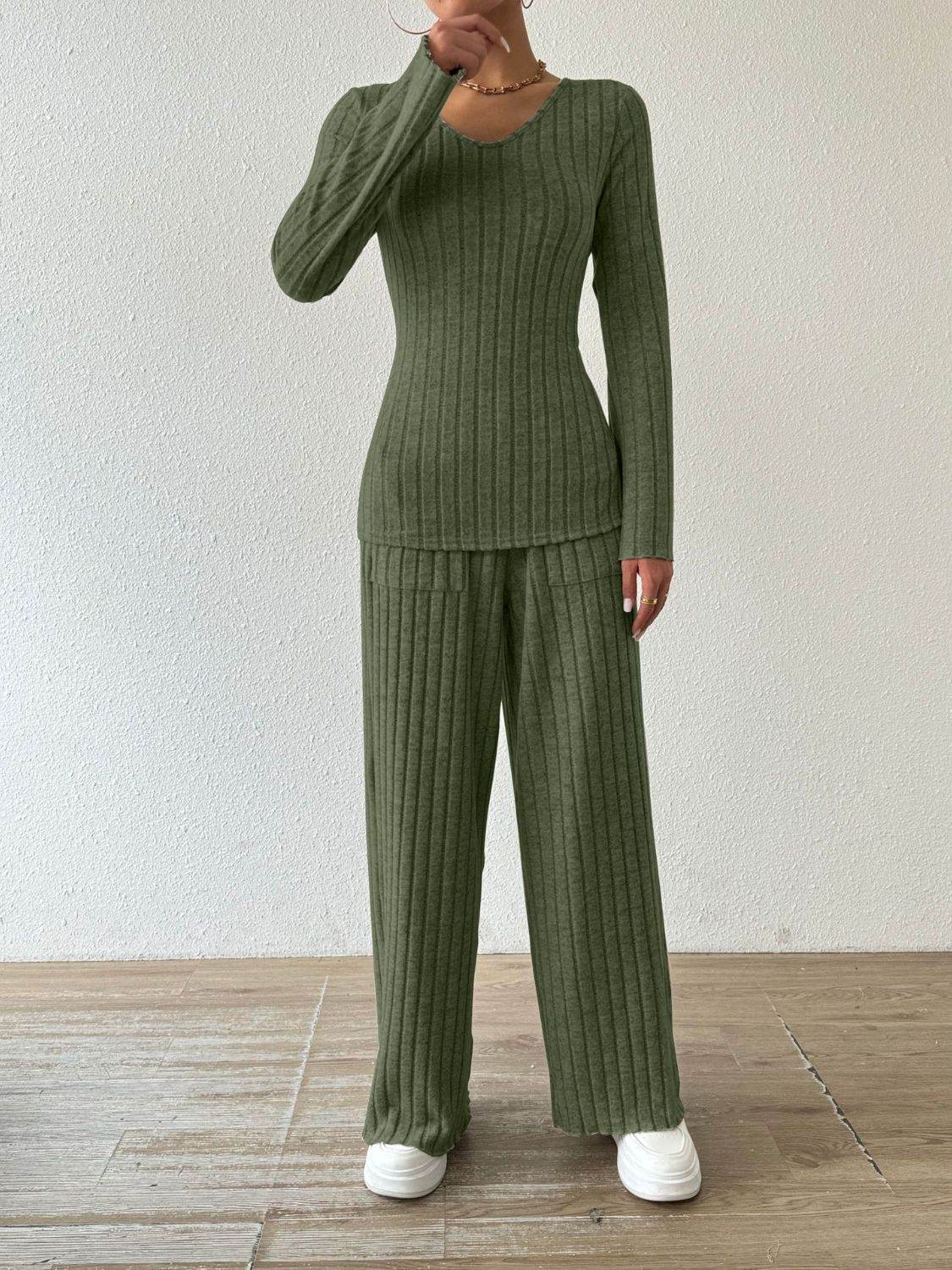 Ribbed V-Neck Long Sleeve Top and Pocketed Pants Set - DaTrendStore.Com