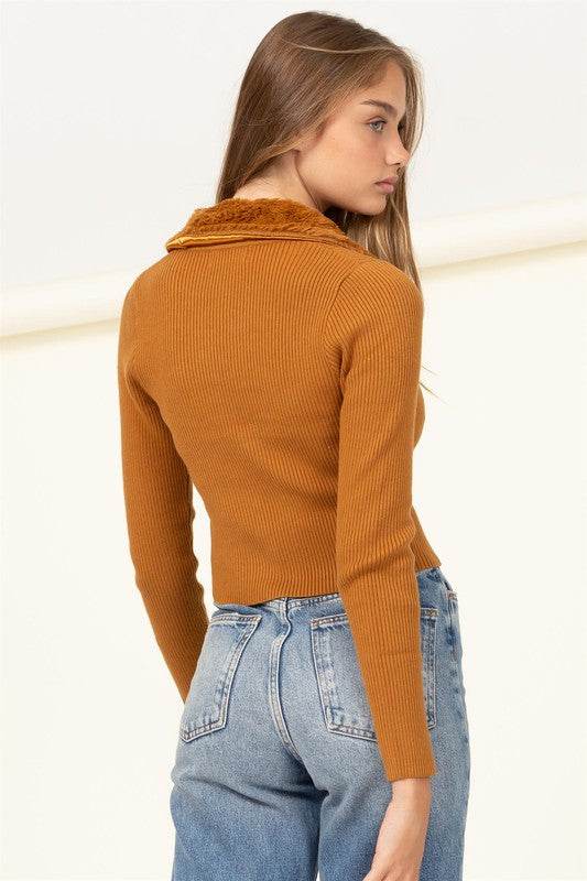 Miss Mesmerize Fur Trim Tie Front Ribbed Cardigan - DaTrendStore.Com