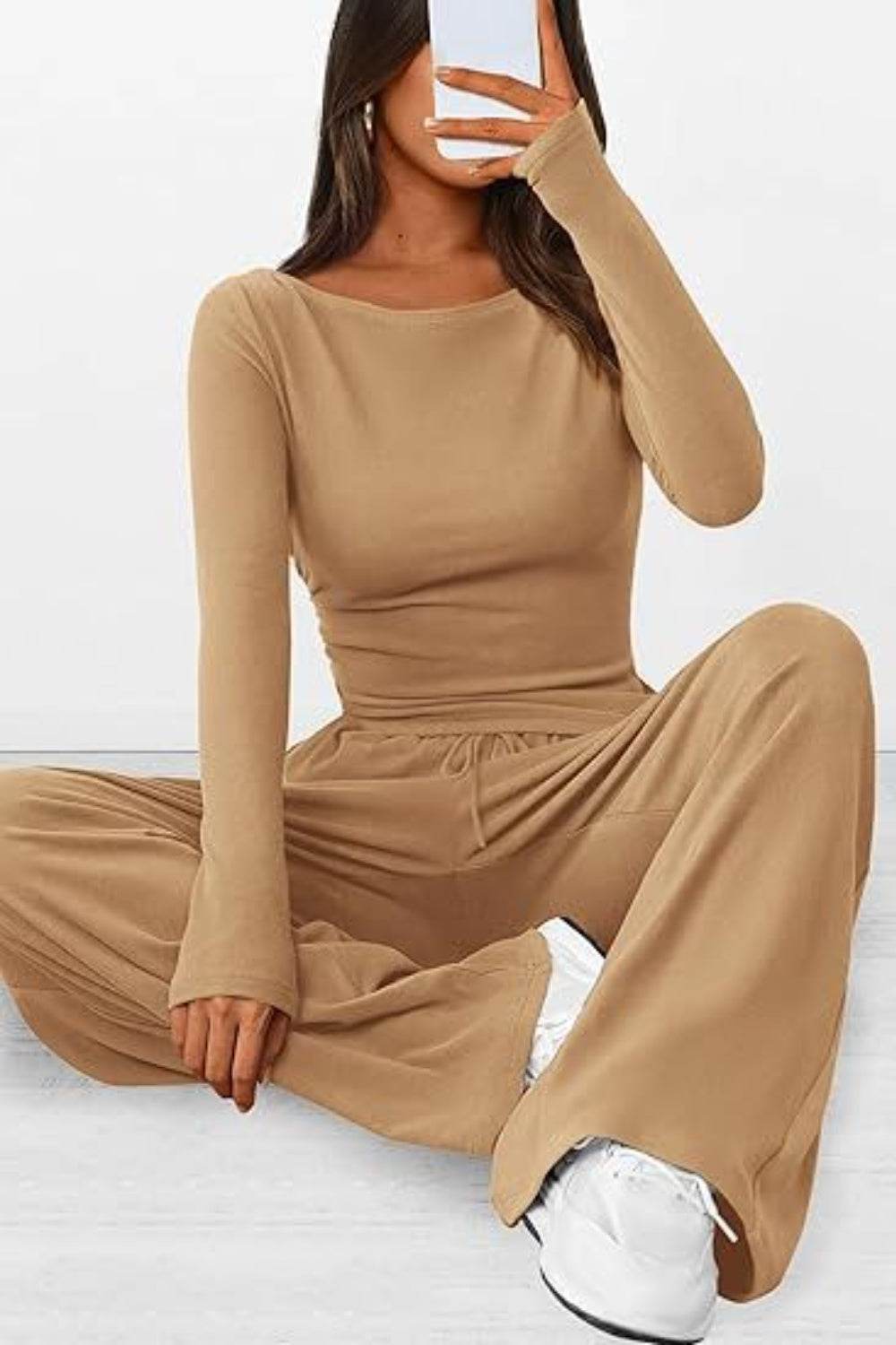 Round Neck Long Sleeve Top and Pants Set - DaTrendStore.Com