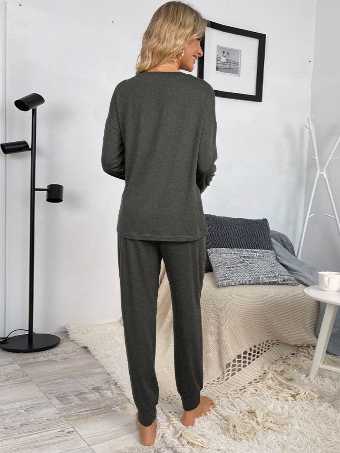 Shiny Round Neck Top and Drawstring Pants Lounge Set - DaTrendStore.Com