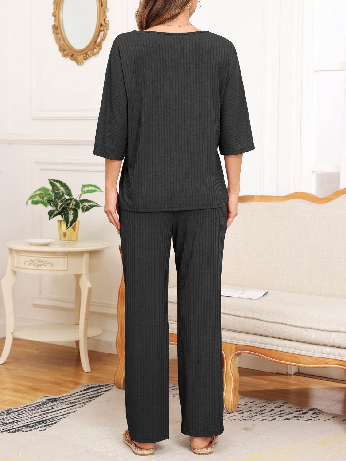 Ribbed Half Sleeve Top and Pocketed Pants Set - DaTrendStore.Com