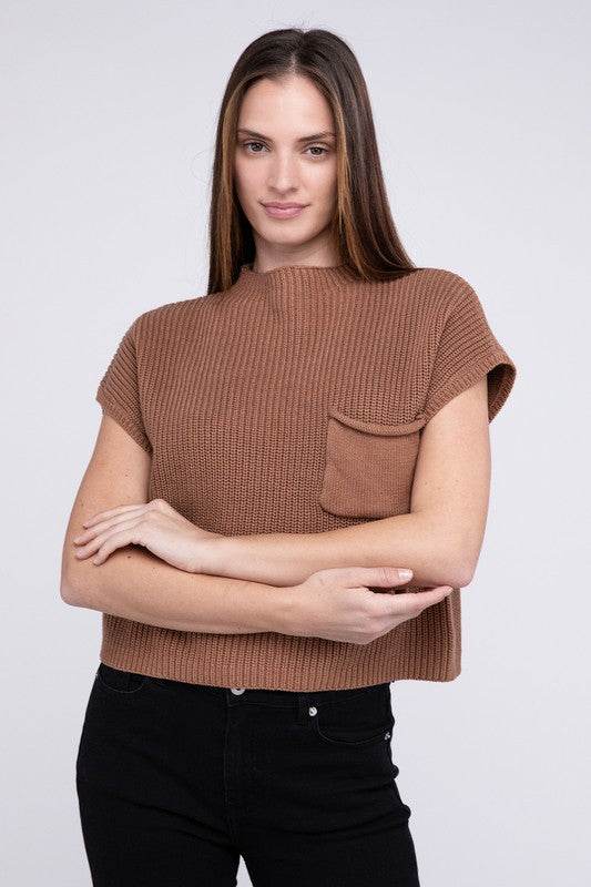 Mock Neck Short Sleeve Cropped Sweater - DaTrendStore.Com