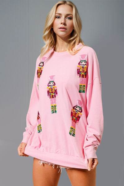 Double Take Sequin Nutcracker Round Neck Long Sleeve Sweatshirt - DaTrendStore.Com