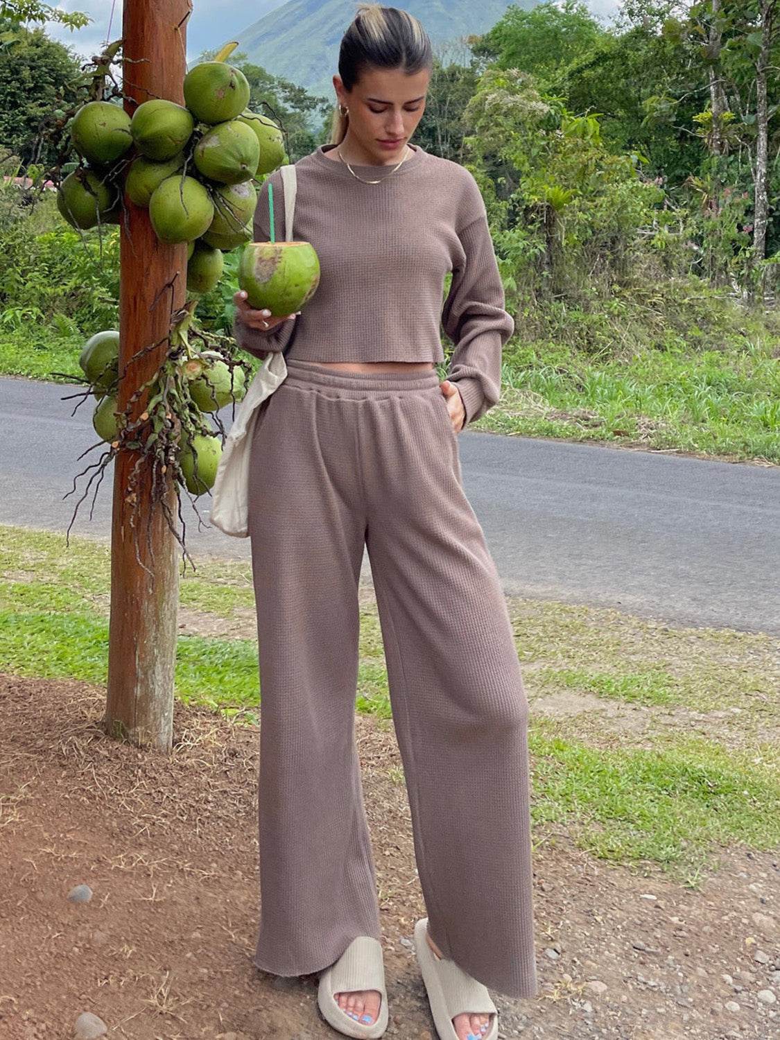 Waffle-Knit Round Neck Top and Pants Set - DaTrendStore.Com