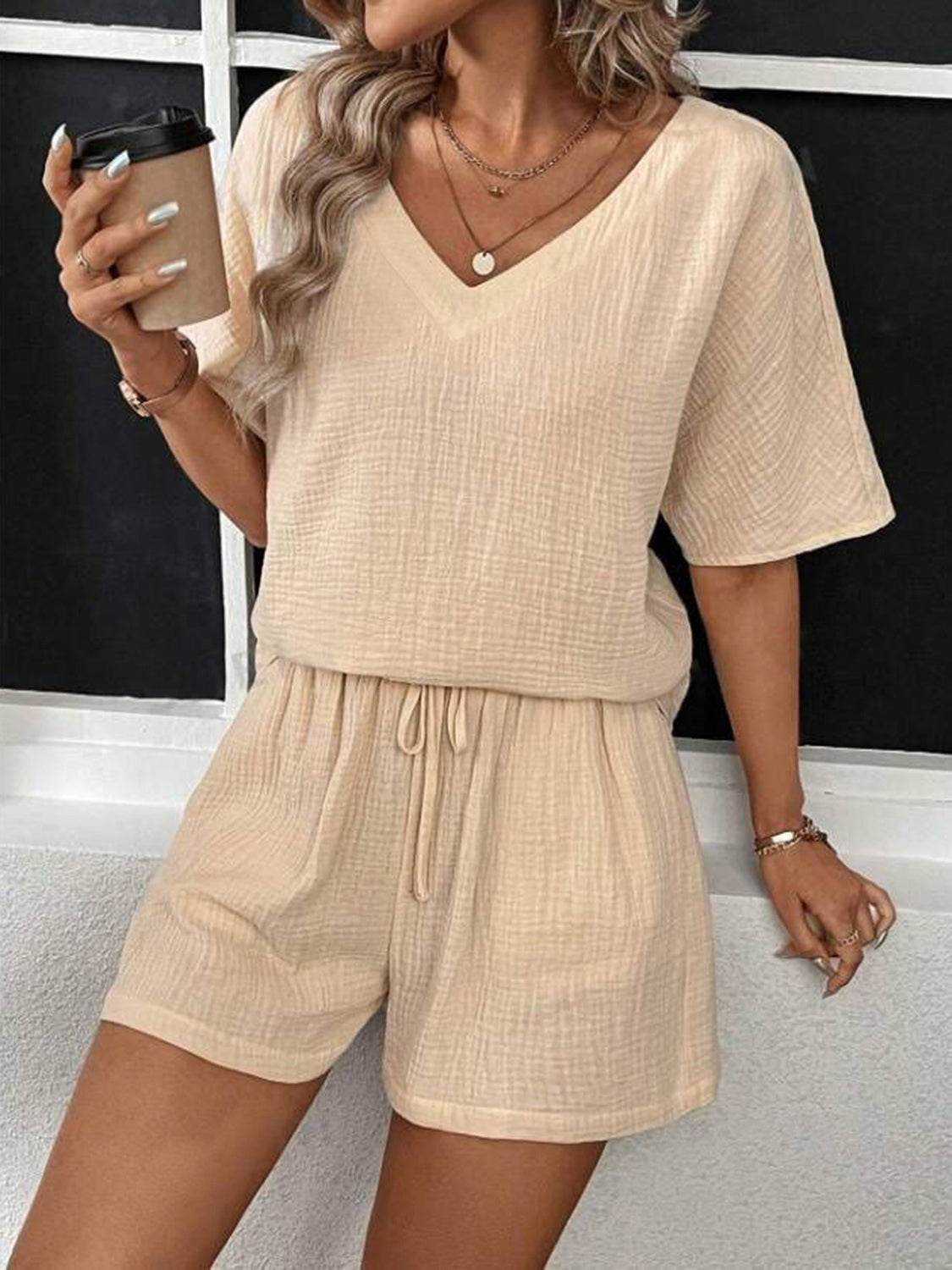 V-Neck Half Sleeve Top and Shorts Set - DaTrendStore.Com