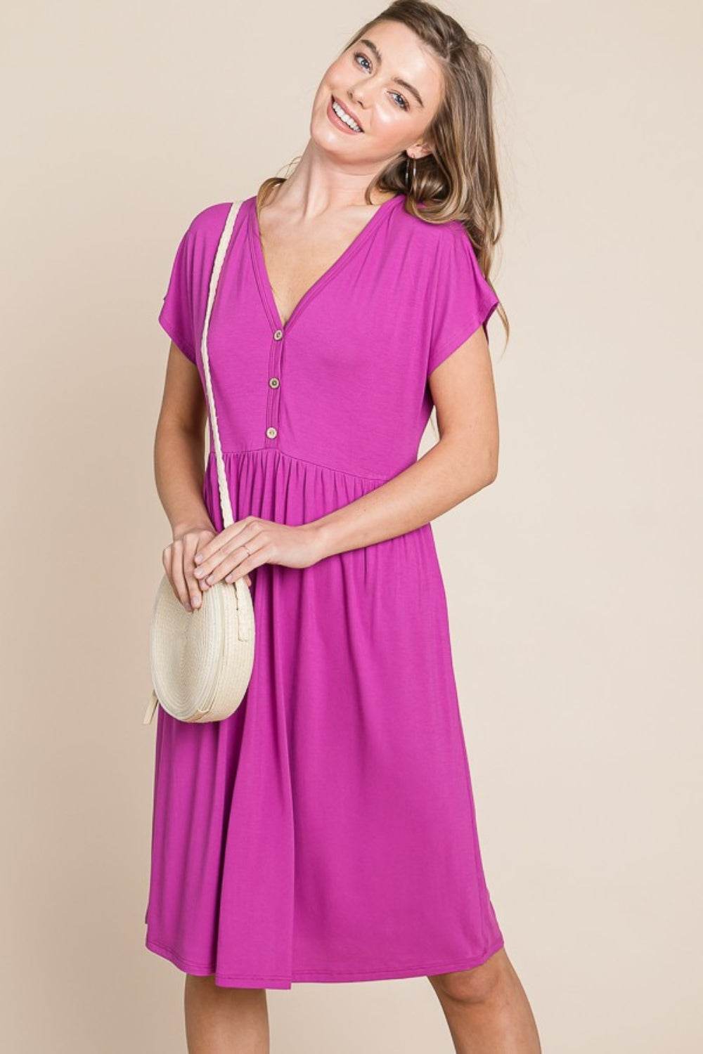 BOMBOM V-Neck Short Sleeve Dress - DaTrendStore.Com