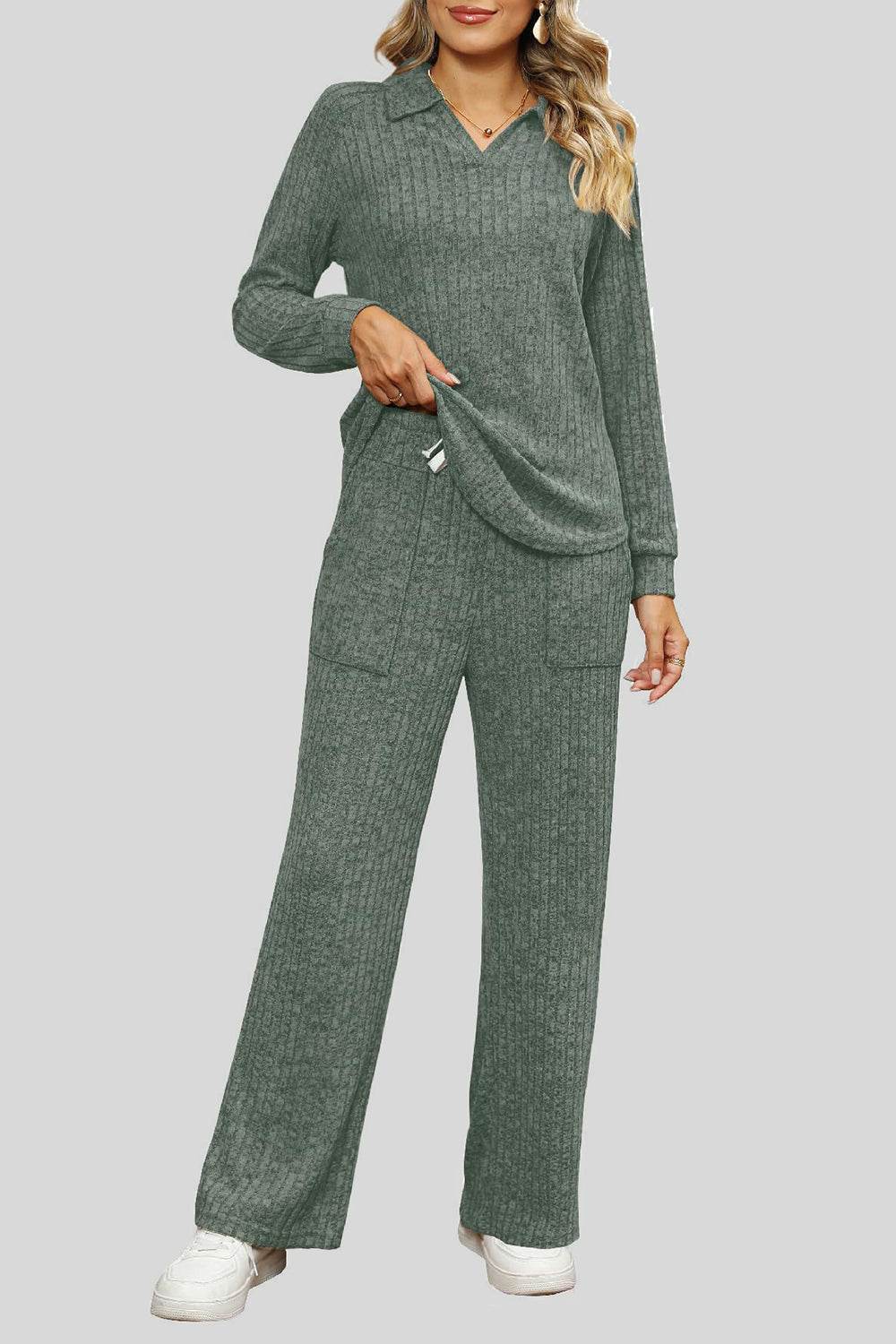 Ribbed Long Sleeve Top and Pocketed Pants Set - DaTrendStore.Com
