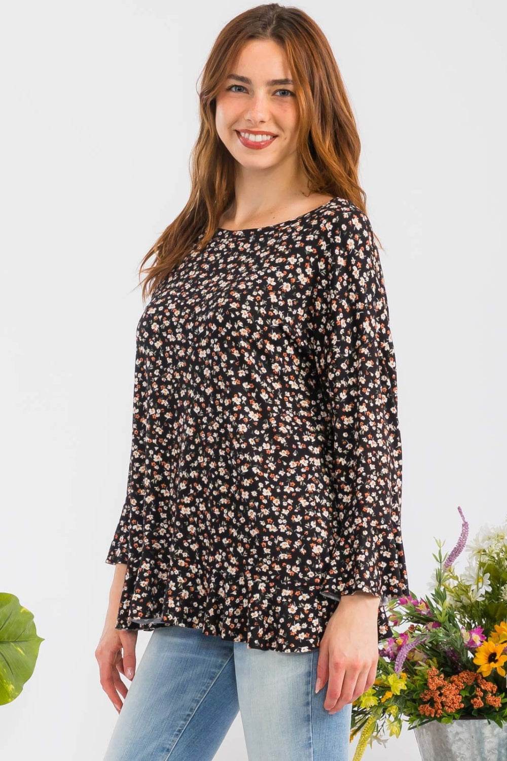 Celeste Full Size Floral Ruffle Detail Top - DaTrendStore.Com