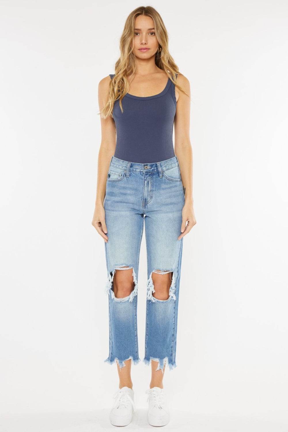 Kancan High Waist Chewed Up Straight Mom Jeans - DaTrendStore.Com