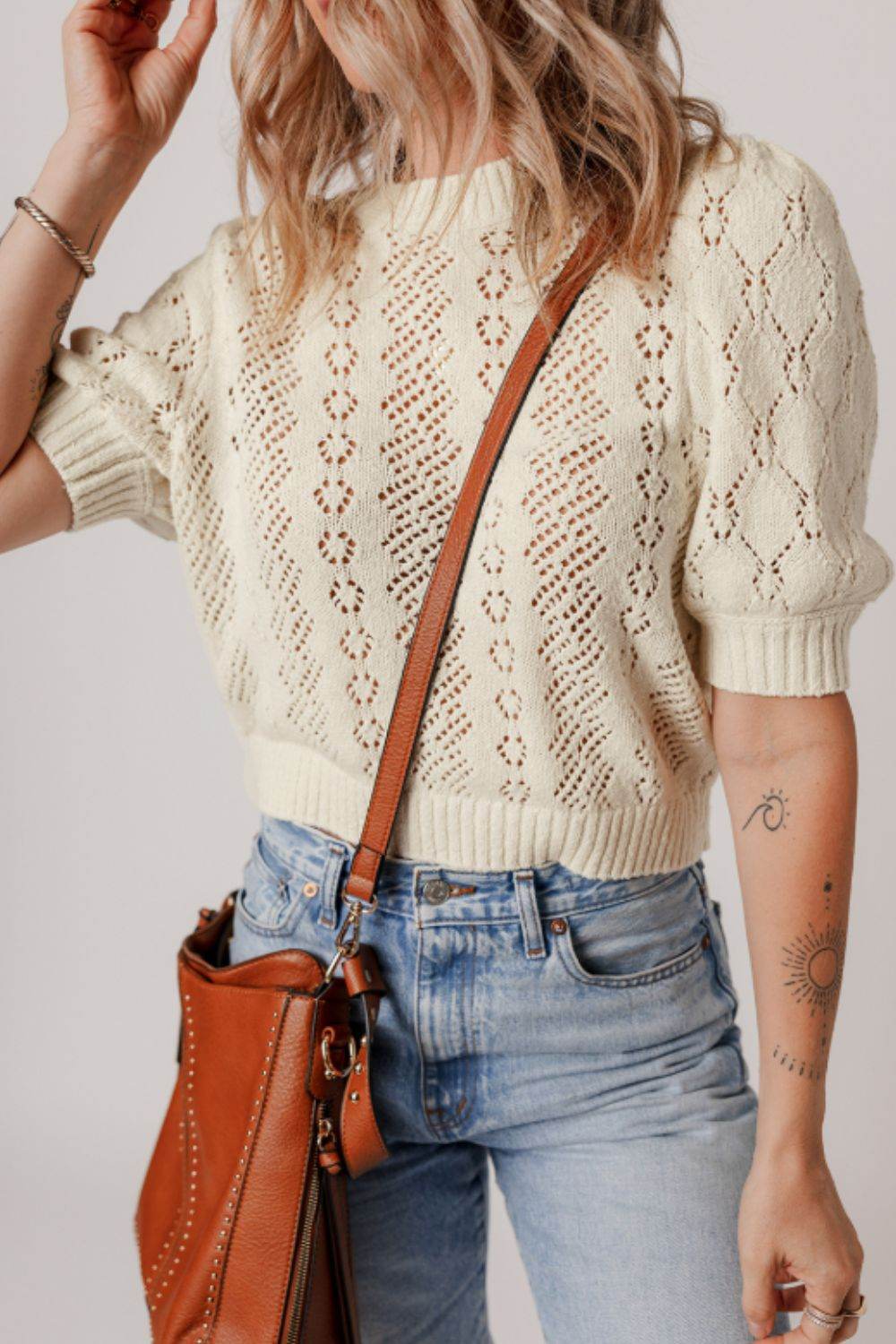 Hollowed Round Neck Half Sleeve Sweater - DaTrendStore.Com