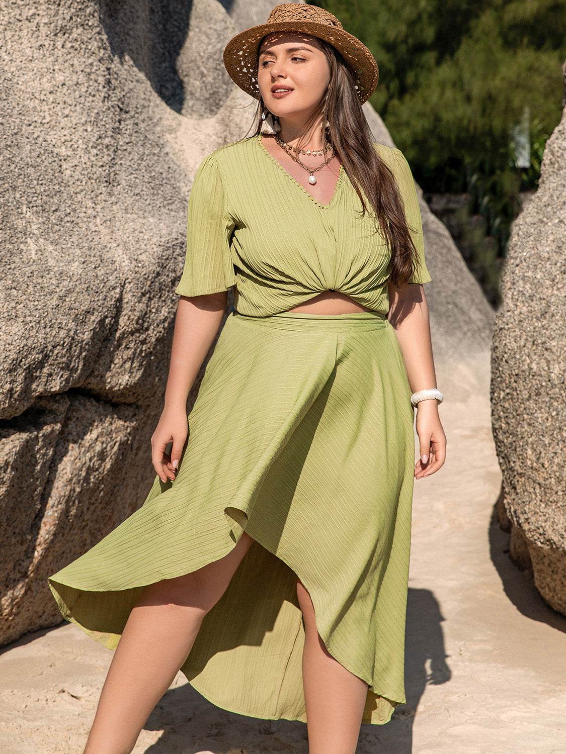 Plus Size V-Neck Half Sleeve Top and High-Low Skirt Set - DaTrendStore.Com