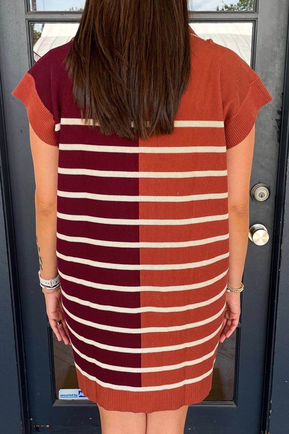 Striped Quarter Zip Cap Sleeve Sweater Dress - DaTrendStore.Com