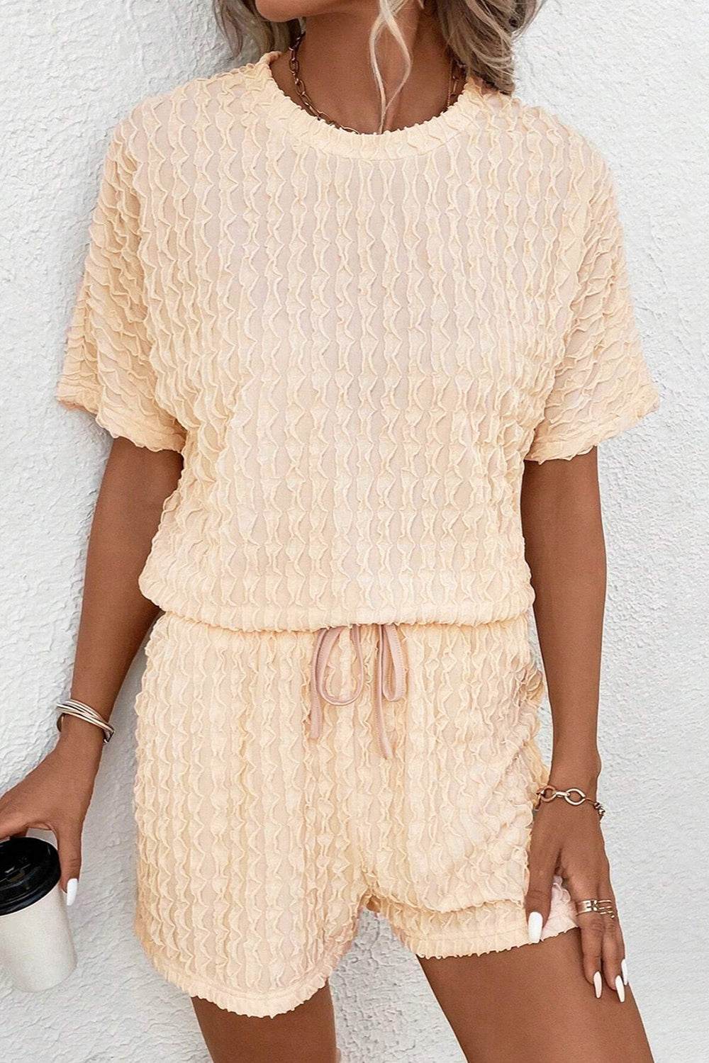 Textured Round Neck Top and Shorts Set - DaTrendStore.Com