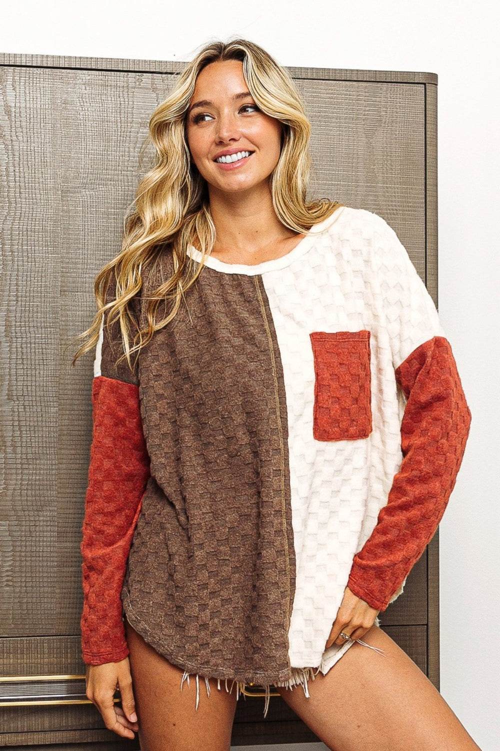 BiBi Color Block Brushed Checker Top - DaTrendStore.Com