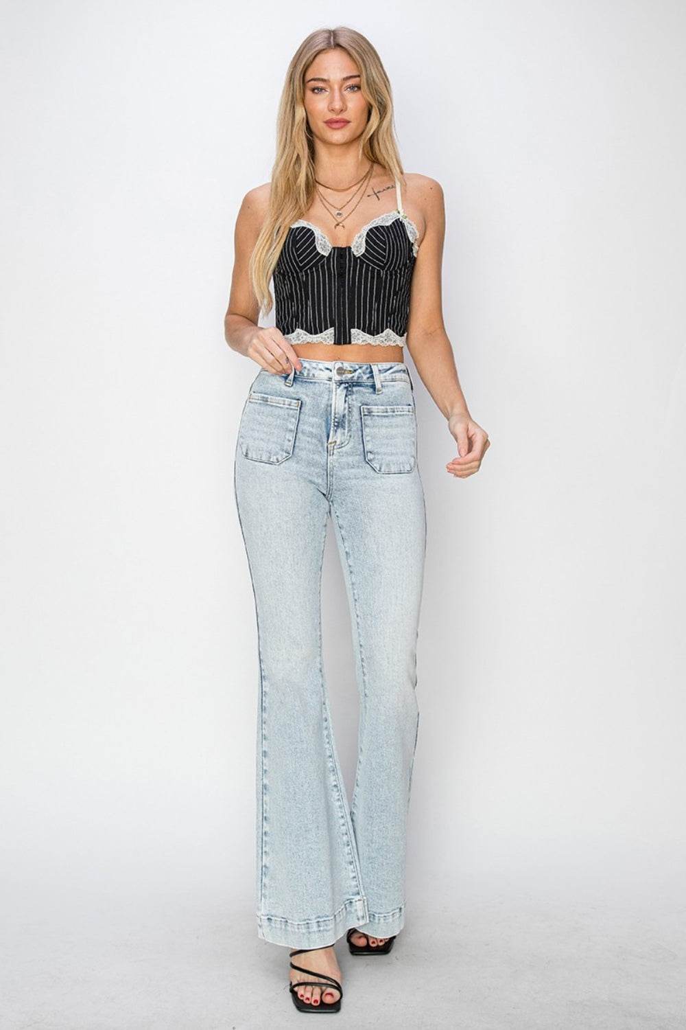 Risen Full Size High Rise Front Patch Pocket Flare Jeans - DaTrendStore.Com