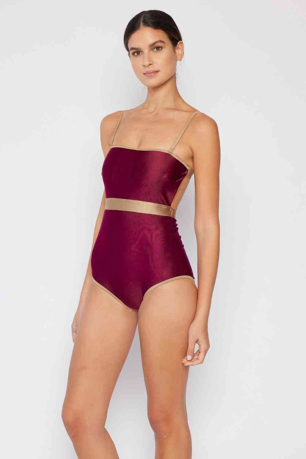 Marina West Swim Wave Break Contrast Trim One-Piece in Wine - DaTrendStore.Com