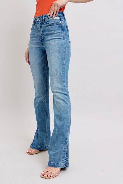 Judy Blue HW Tummy Control Vintage Wash Side Slit Slim Boot Jeans - DaTrendStore.Com