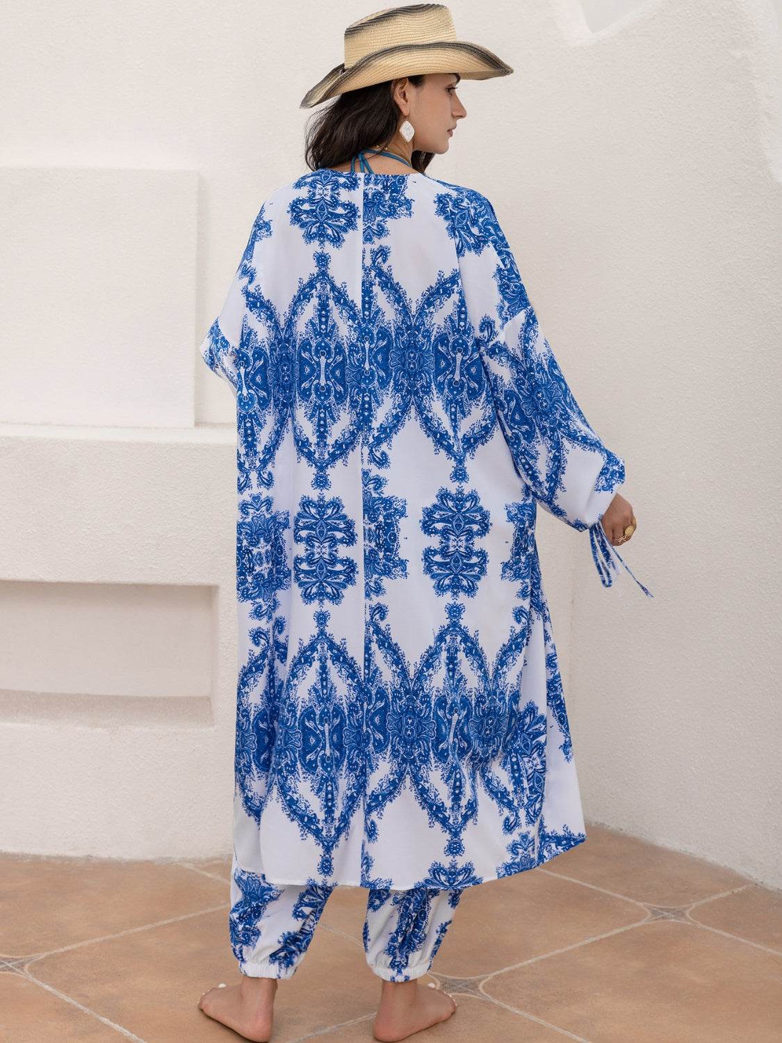 Printed Open Front Top and Pants Set - DaTrendStore.Com
