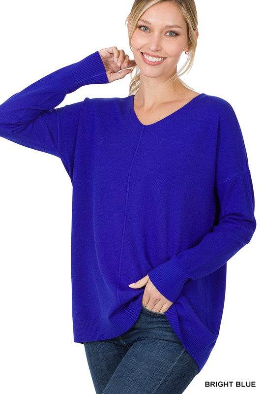 Hi-Low Garment Dyed V-Neck Front Seam Sweater - DaTrendStore.Com
