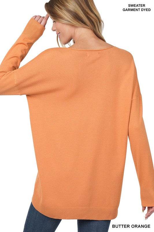 Hi-Low Garment Dyed V-Neck Front Seam Sweater - DaTrendStore.Com