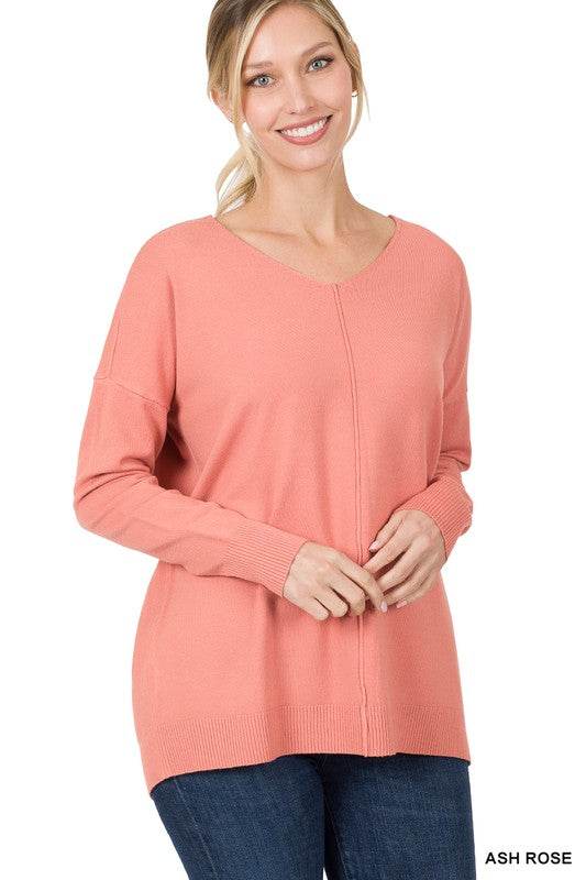 Hi-Low Garment Dyed V-Neck Front Seam Sweater - DaTrendStore.Com