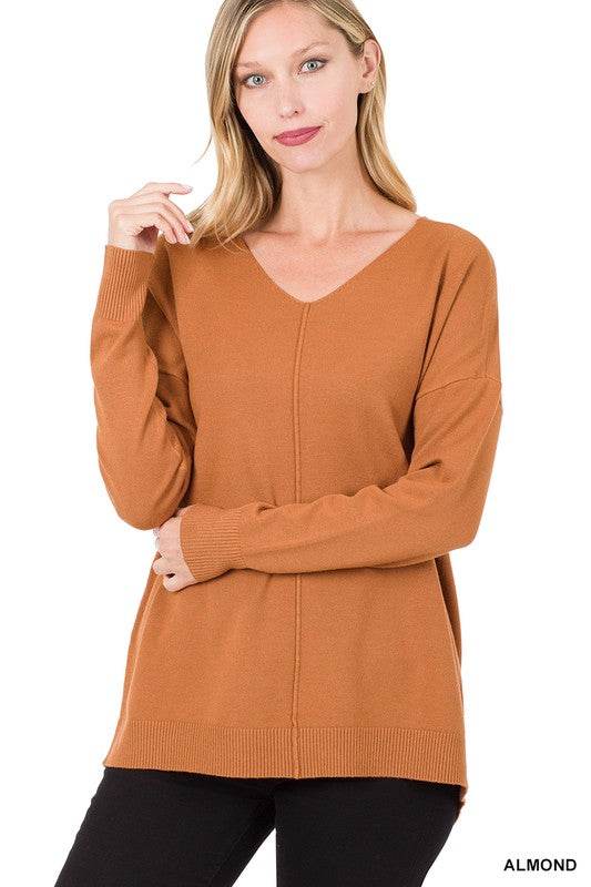 Hi-Low Garment Dyed V-Neck Front Seam Sweater - DaTrendStore.Com