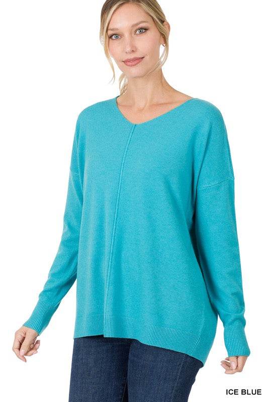 Hi-Low Garment Dyed V-Neck Front Seam Sweater - DaTrendStore.Com