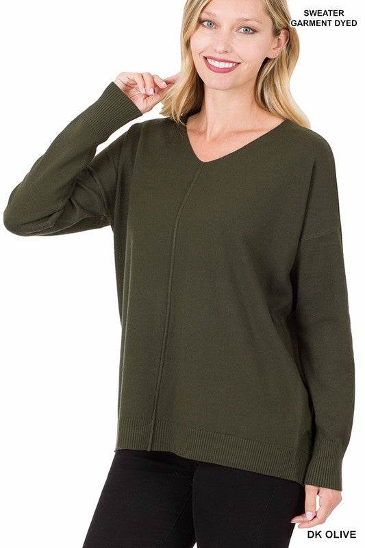 Hi-Low Garment Dyed V-Neck Front Seam Sweater - DaTrendStore.Com