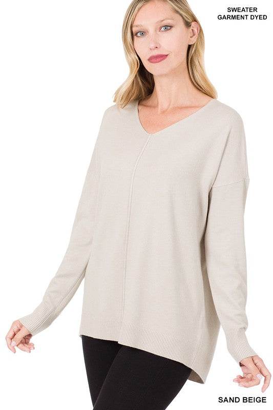 Hi-Low Garment Dyed V-Neck Front Seam Sweater - DaTrendStore.Com
