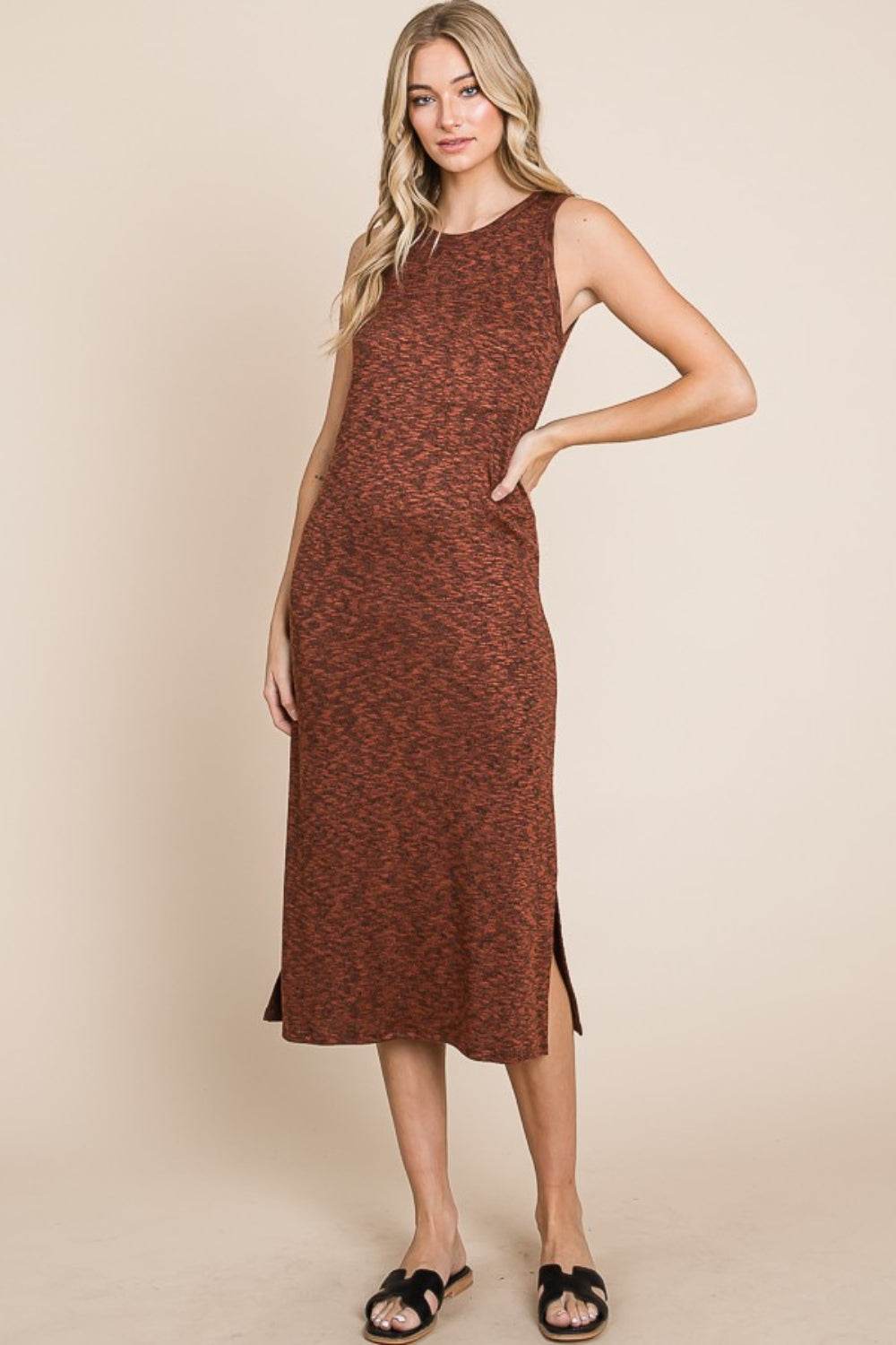 BOMBOM Slit Round Neck Sleeveless Midi Dress - DaTrendStore.Com