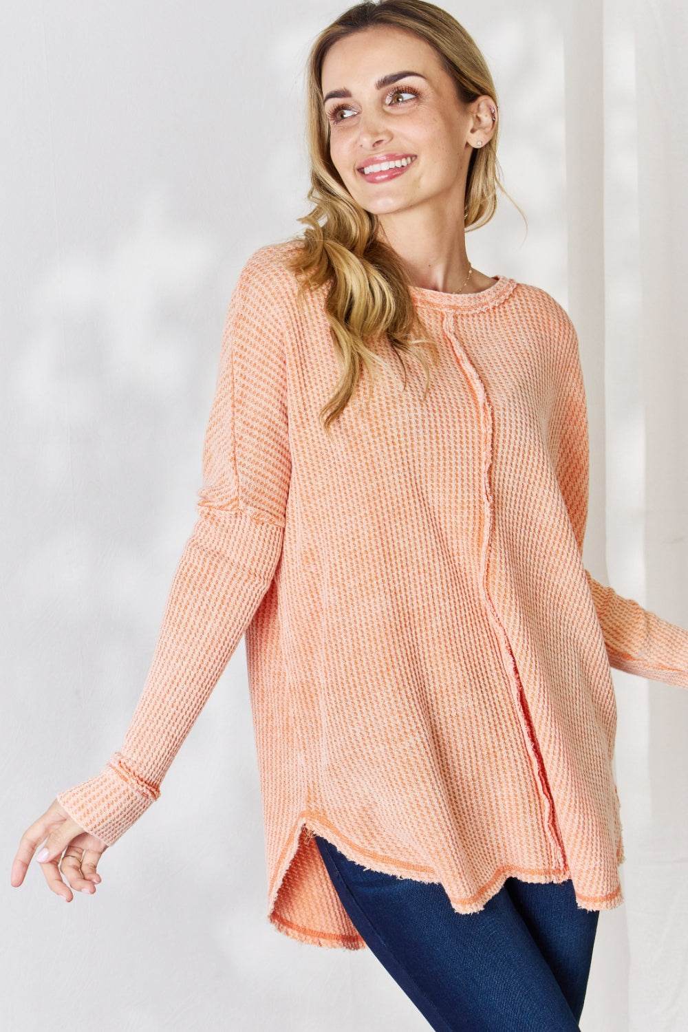 Zenana Oversized Washed Waffle Long Sleeve Top - DaTrendStore.Com