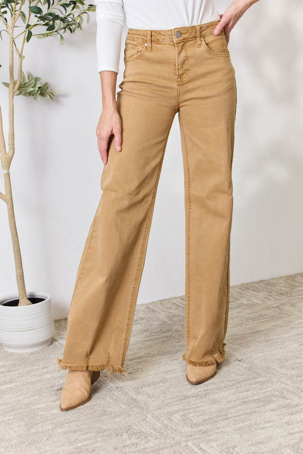 RISEN Full Size Fringe Hem Wide Leg Jeans - DaTrendStore.Com