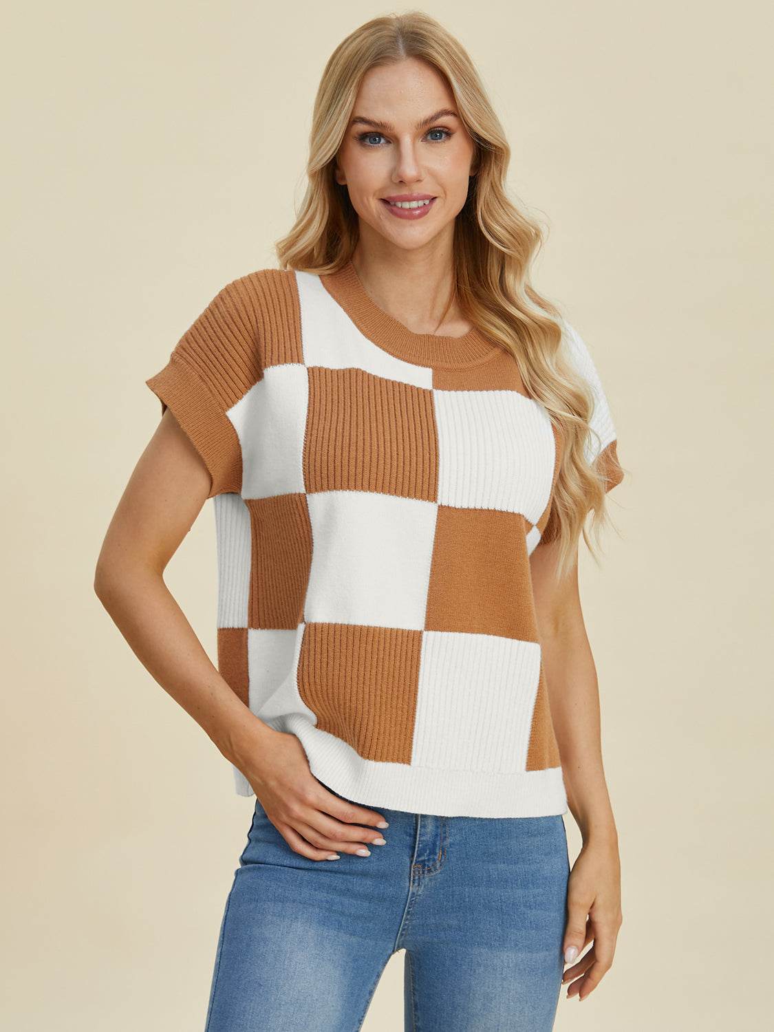Double Take Full Size Checkered Round Neck Short Sleeve Sweater - DaTrendStore.Com