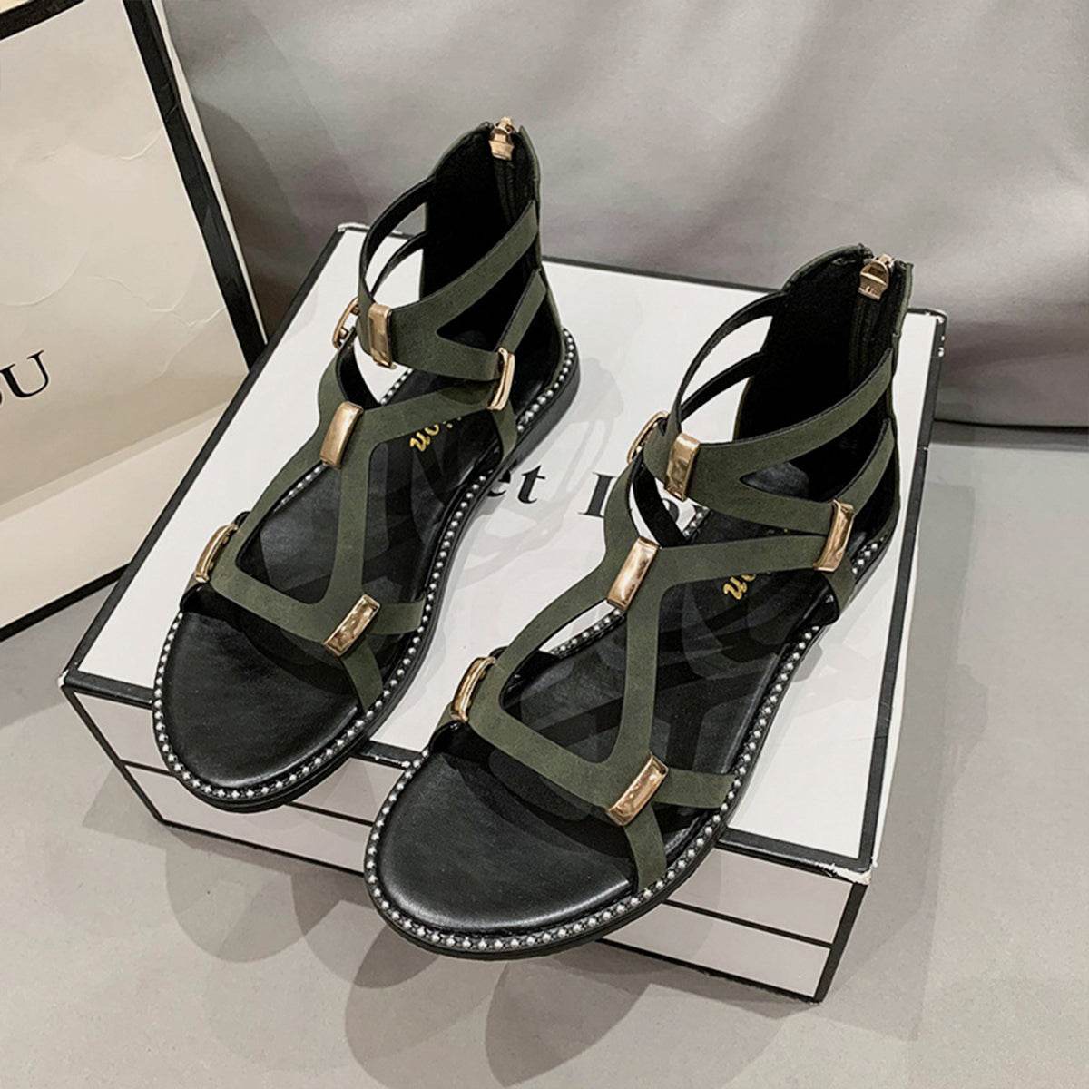 Open Toe Back Zipper Flat Sandals - DaTrendStore.Com