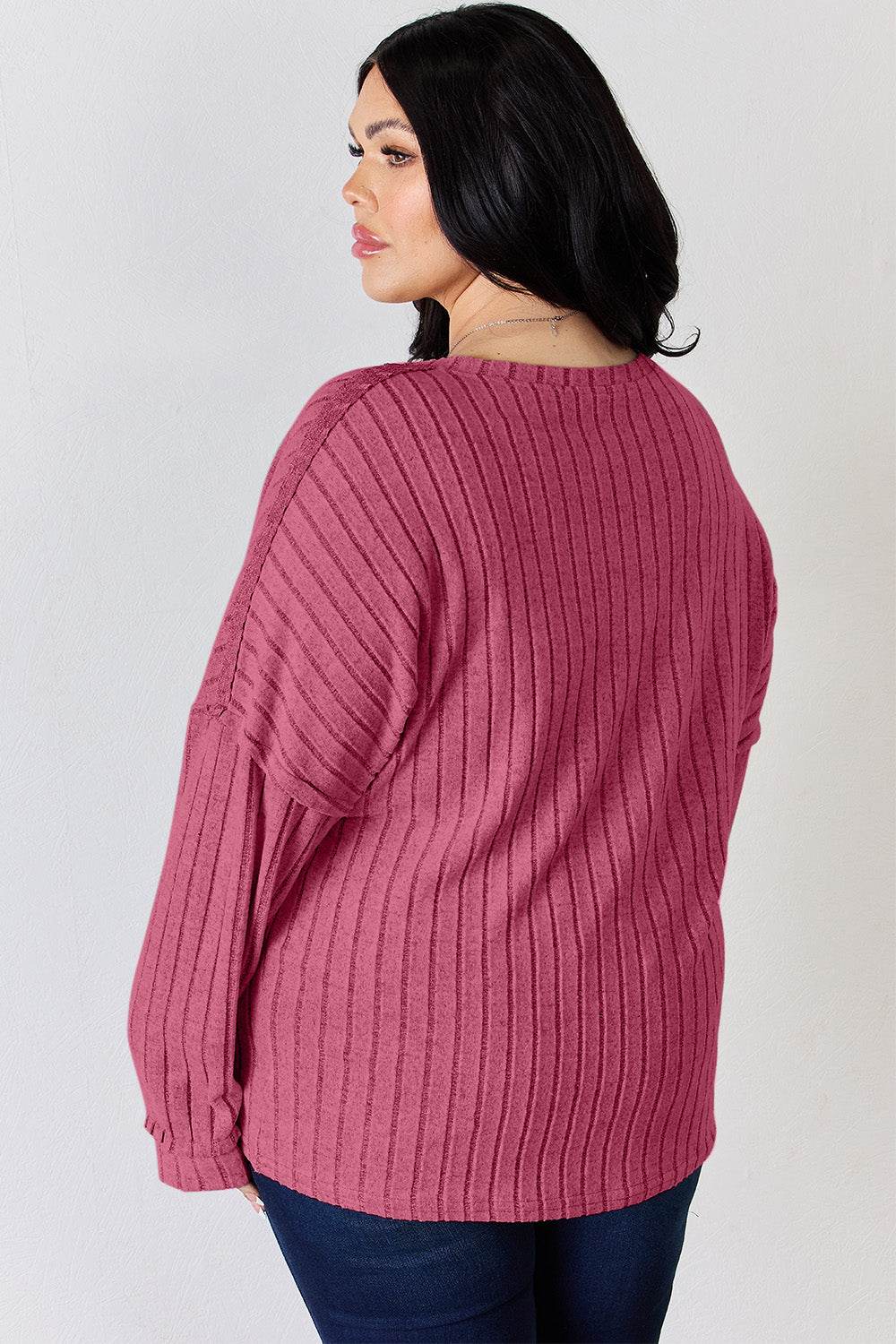 Basic Bae Full Size Ribbed Half Button Long Sleeve T-Shirt - DaTrendStore.Com