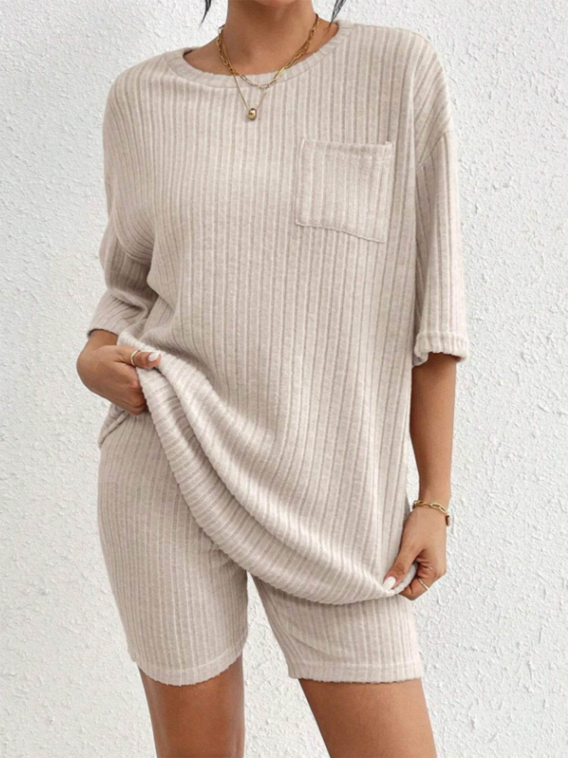 Ribbed Round Neck Top and Shorts Set - DaTrendStore.Com