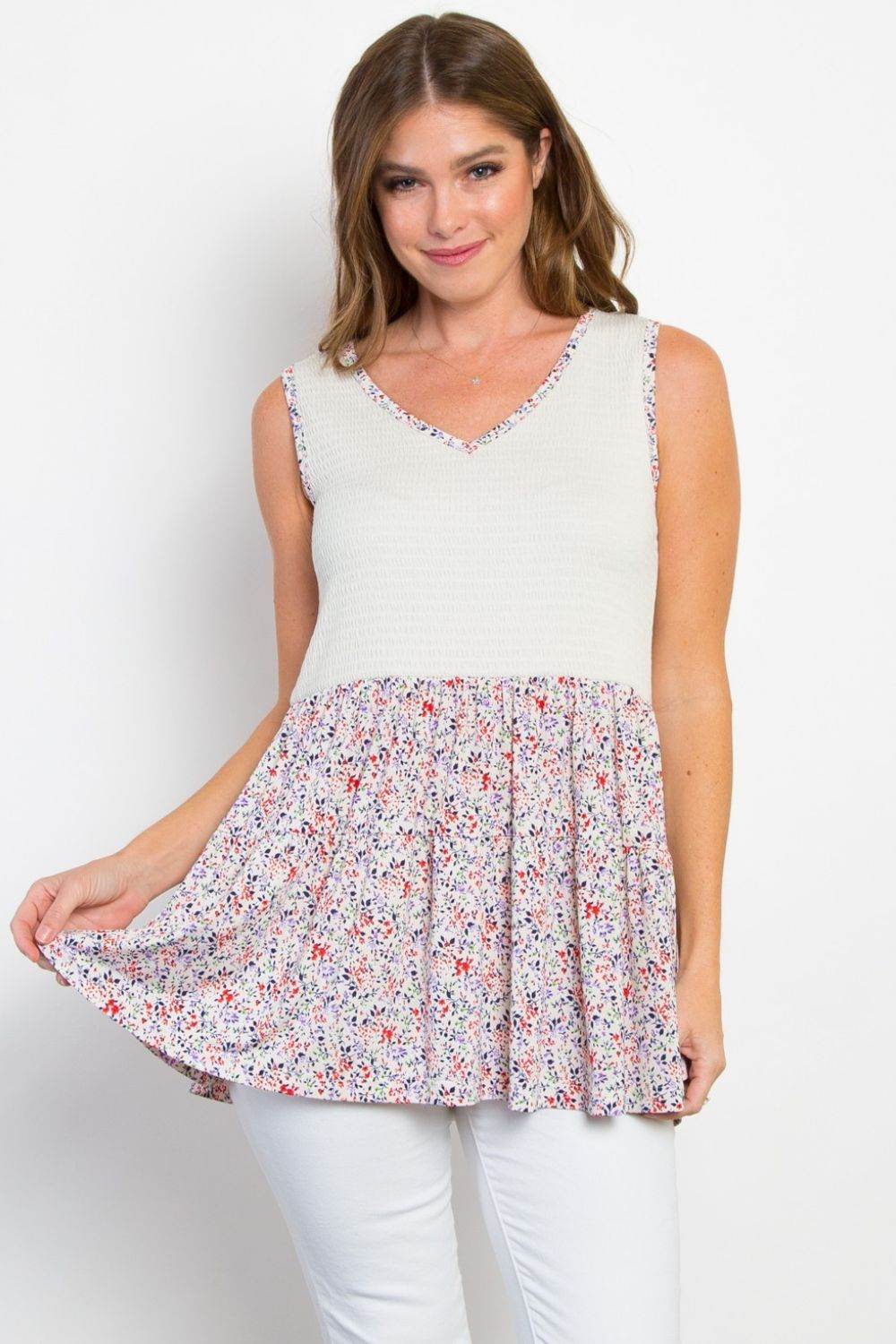 Be Stage Full Size Smocked Printed Peplum Sleeveless Top - DaTrendStore.Com