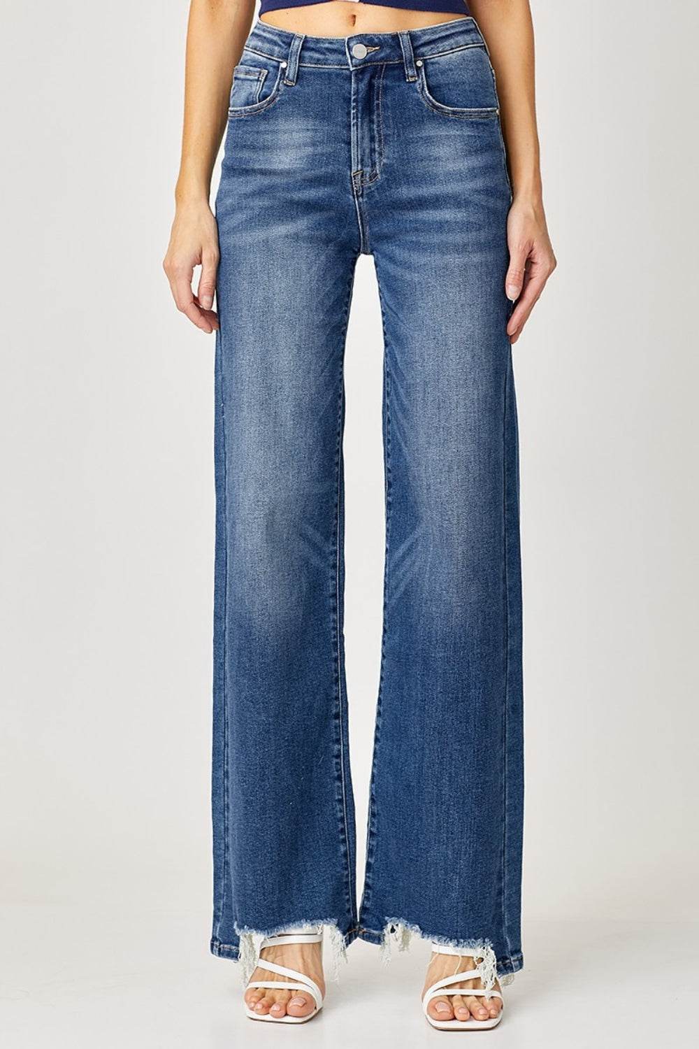 Risen Full Size High Rise Frayed Hem Wide Leg Jeans - DaTrendStore.Com