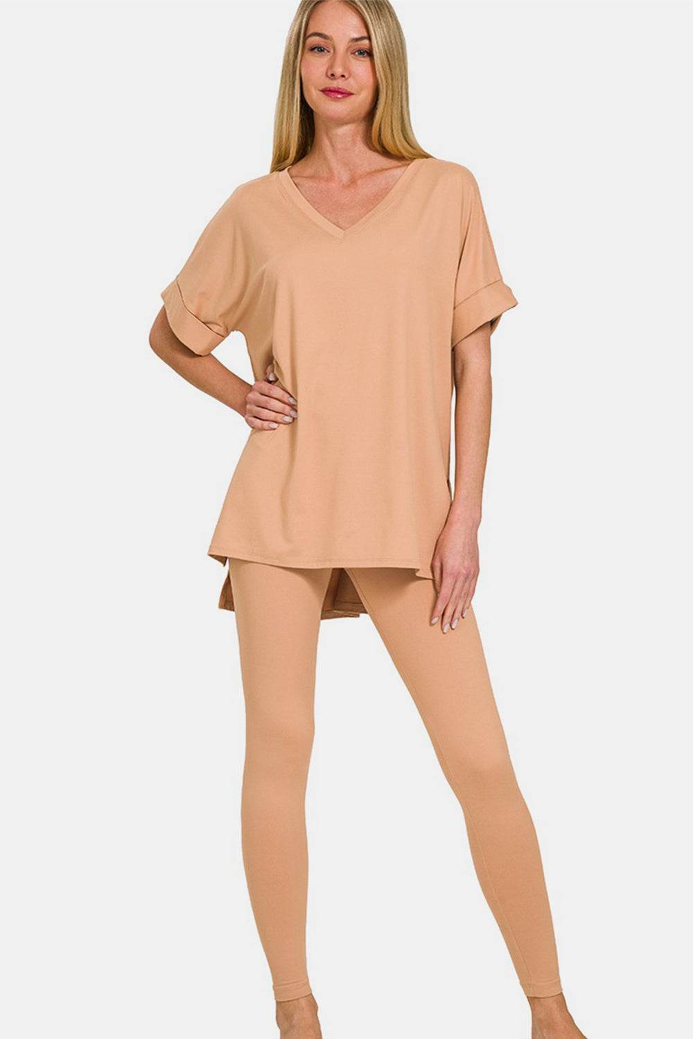 Zenana Full Size V-Neck Rolled Short Sleeve T-Shirt and Leggings Lounge Set - DaTrendStore.Com