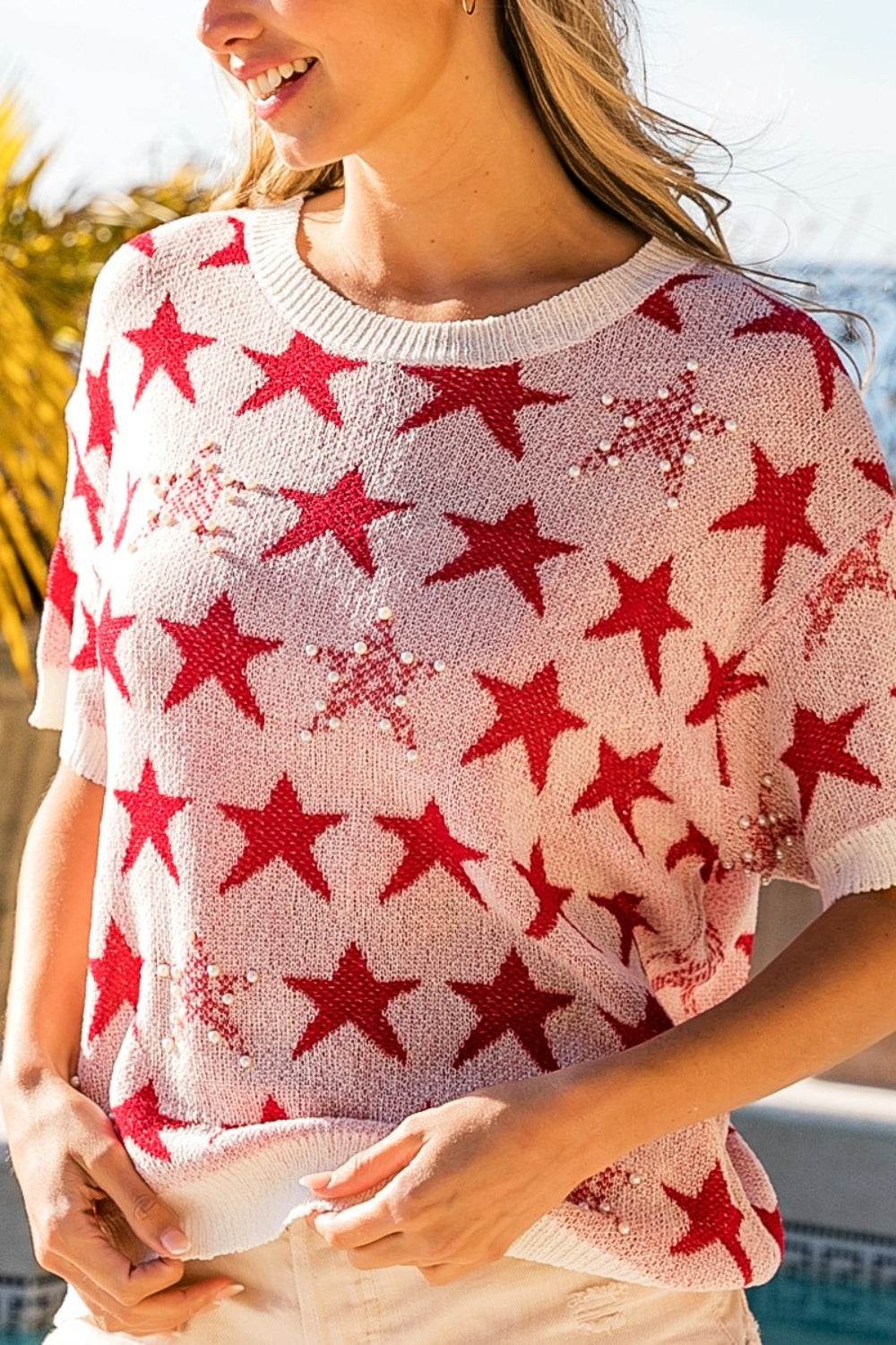 BiBi Star Pattern Round Neck Short Sleeve Knit Top - DaTrendStore.Com