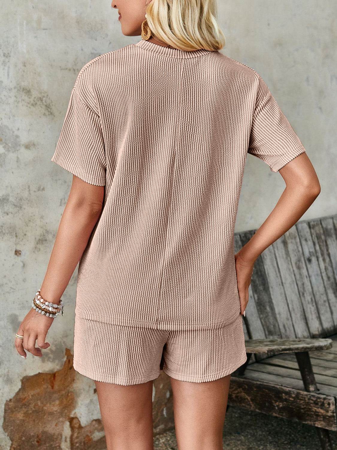 Lovelet Textured Round Neck Short Sleeve Top and Shorts Set - DaTrendStore.Com