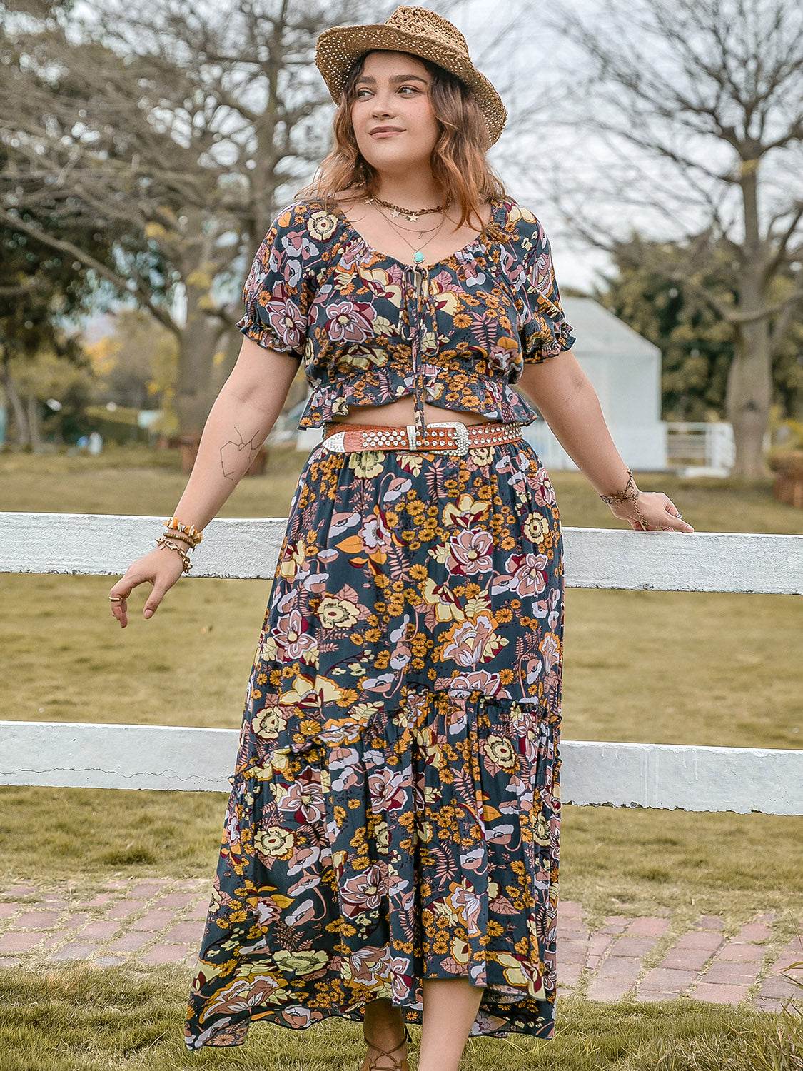 Plus Size Tie Neck Short Sleeve Top and Skirt Set - DaTrendStore.Com