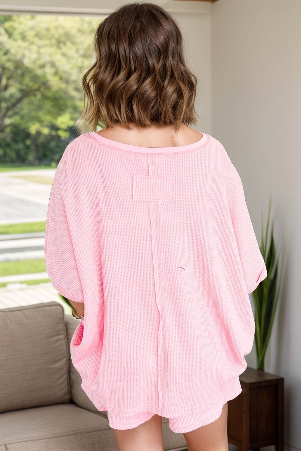Waffle-Knit Half Sleeve Top and Shorts Set - DaTrendStore.Com
