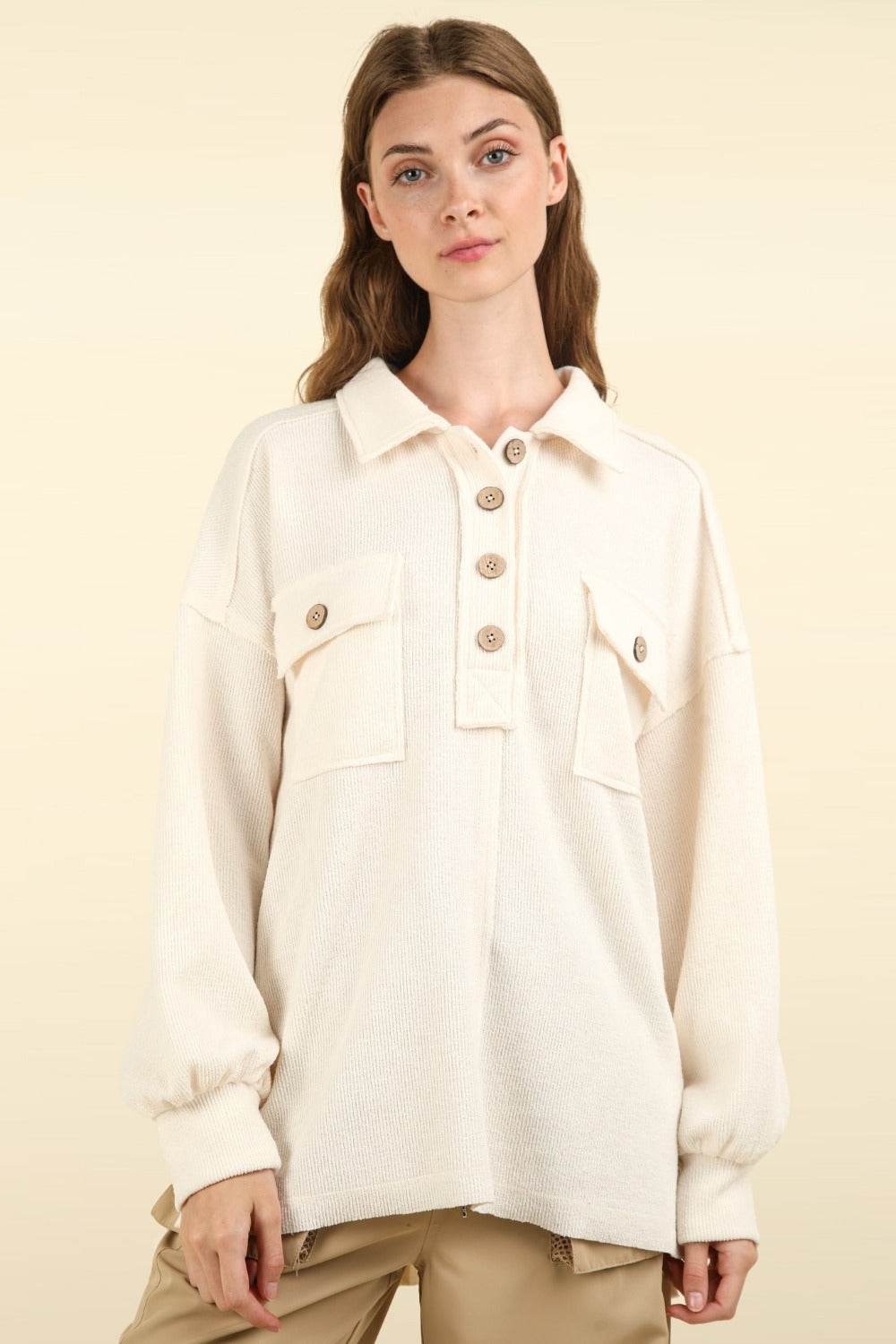 VERY J Collared Half Button Knit Top with Pockets - DaTrendStore.Com