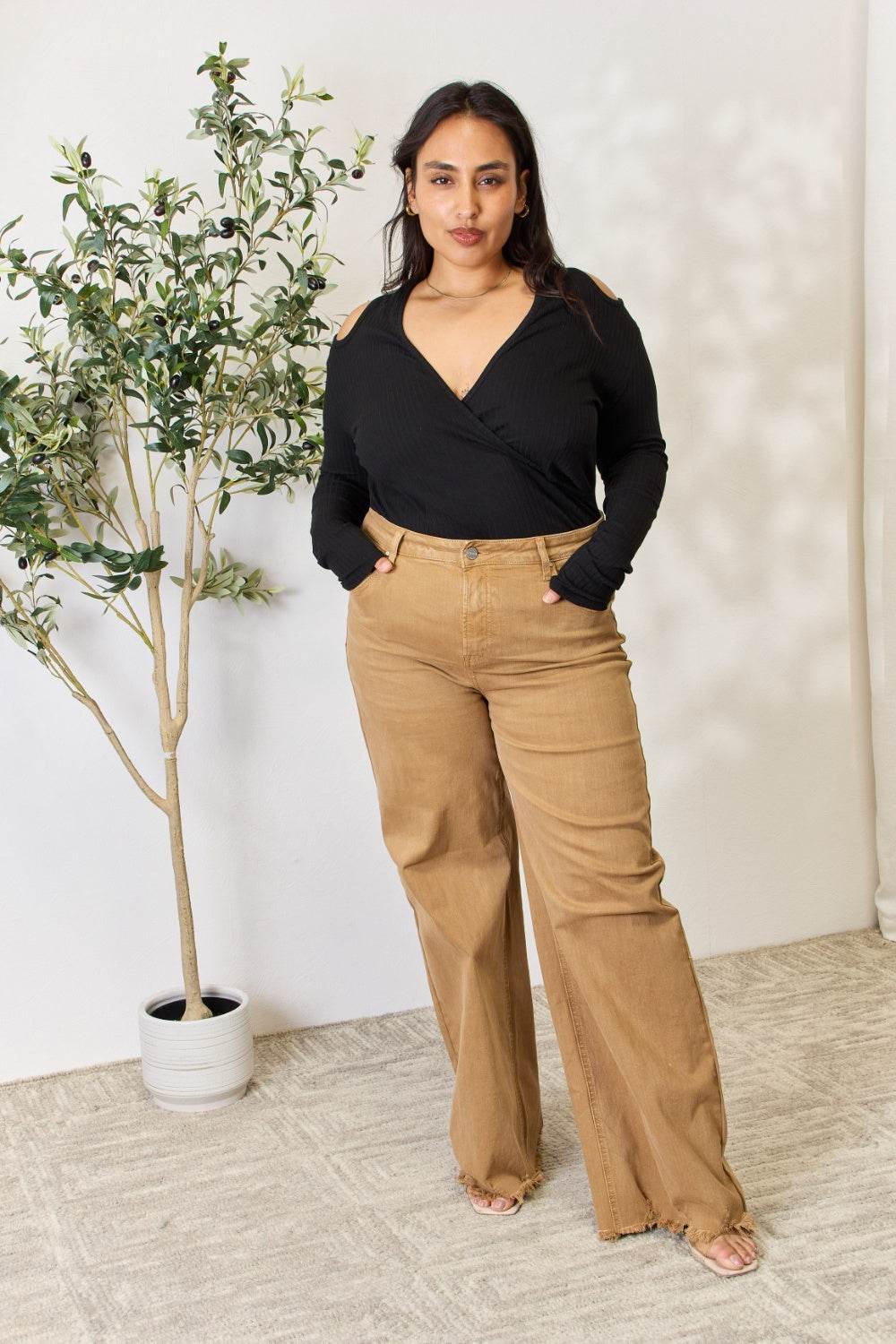 Culture Code Full Size Ribbed Surplice Cold Shoulder Top - DaTrendStore.Com