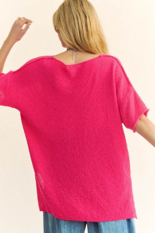 Davi & Dani Side Slit Round Neck Half Sleeve Knit Top - DaTrendStore.Com