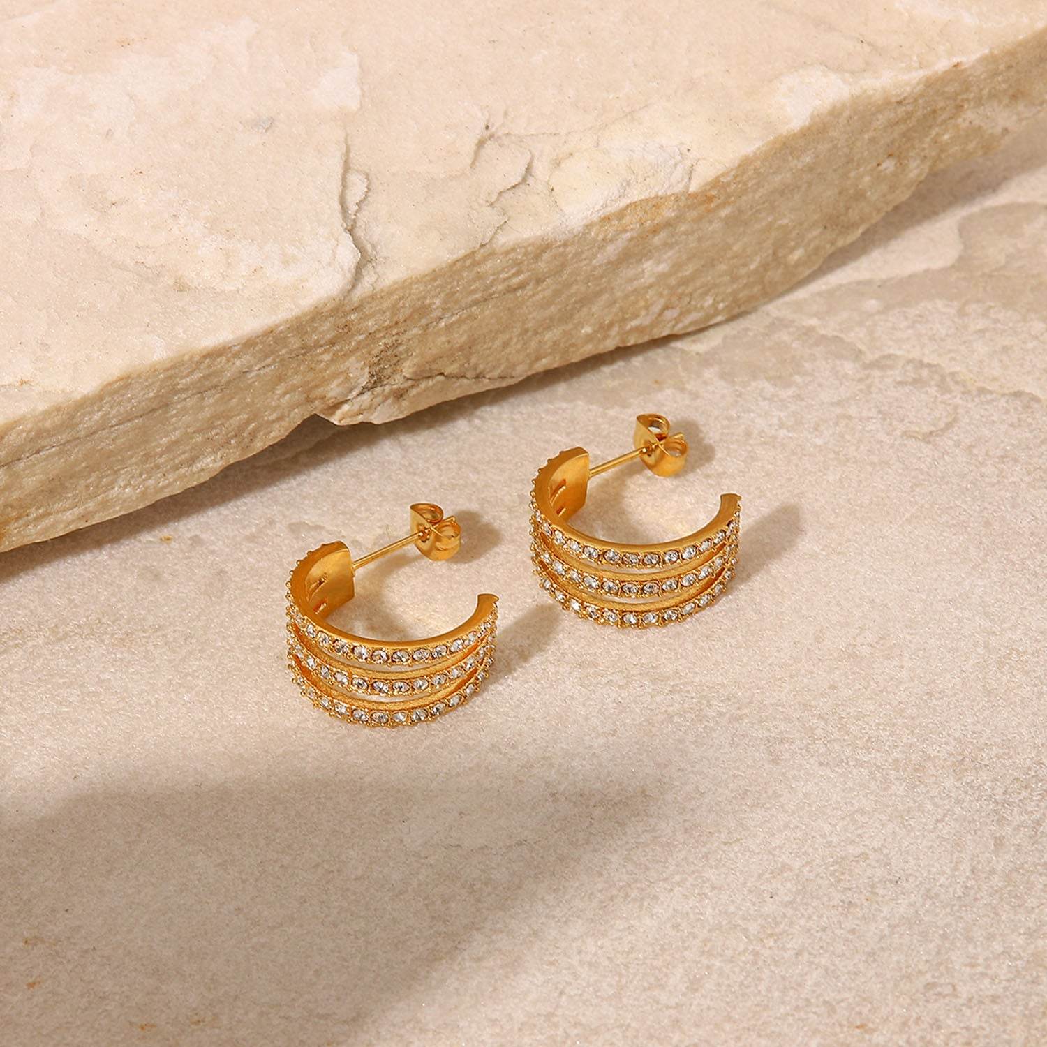 Stainless Steel Inlaid Zircon C-Hoop Earrings - DaTrendStore.Com