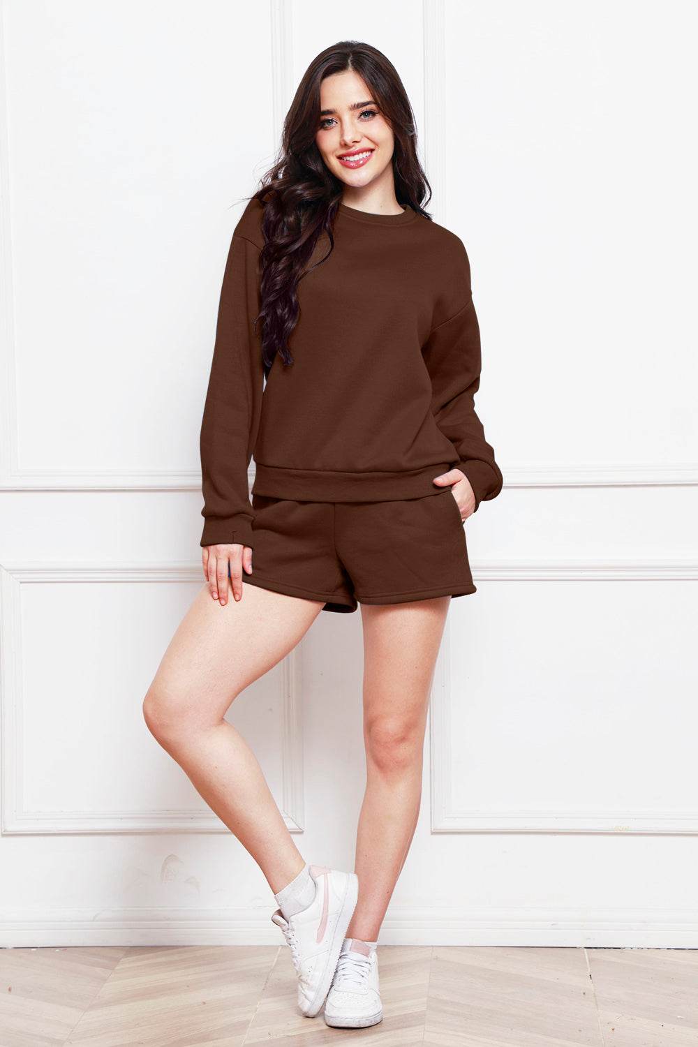 Round Neck Long Sleeve Sweatshirt and Drawstring Shorts Set - DaTrendStore.Com
