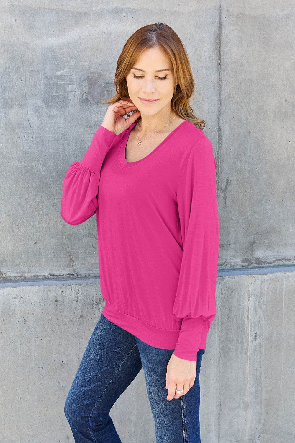 Basic Bae Full Size V-Neck Lantern Sleeve Top - DaTrendStore.Com