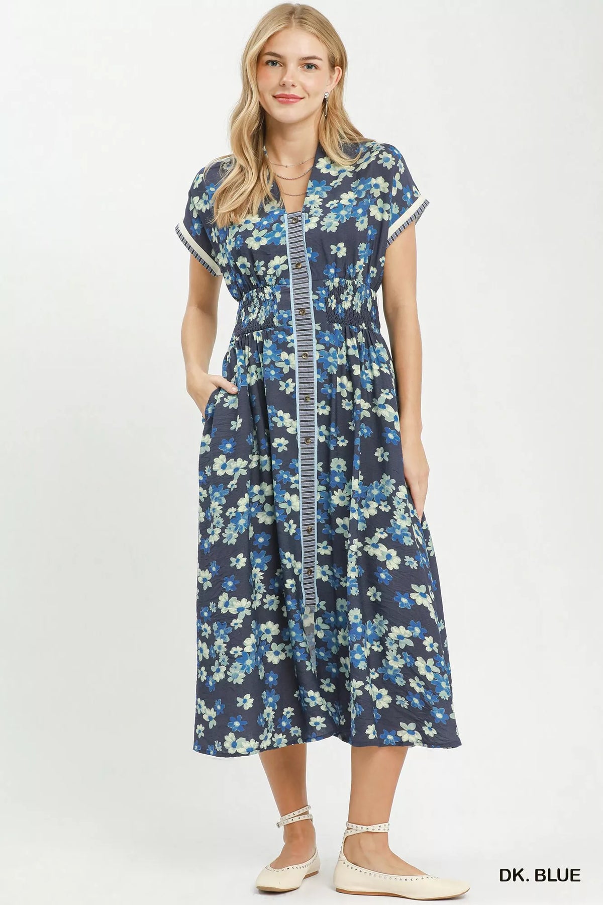 Umgee Ruffle Sleeve Henley Shift Dress - Dk. Blue